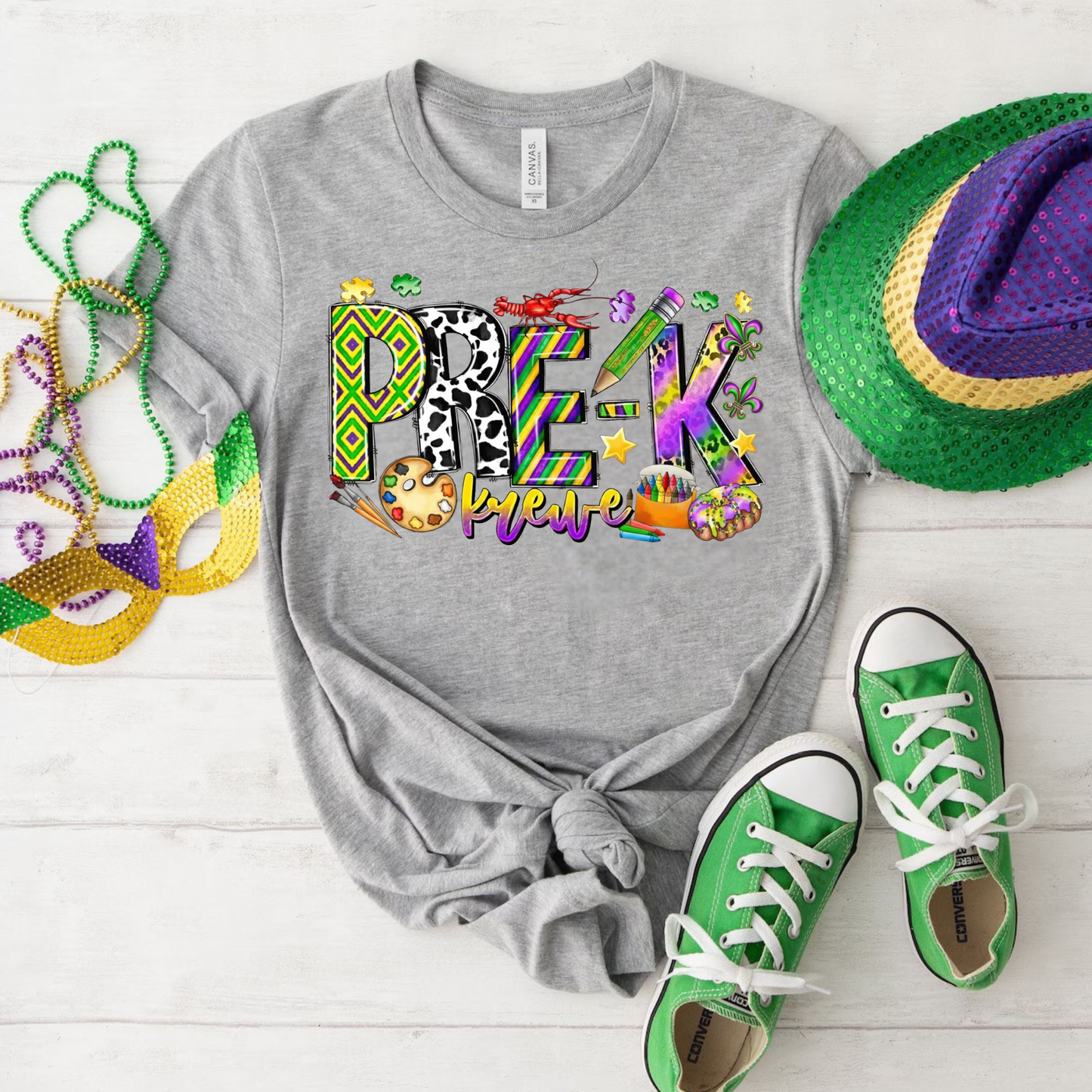 Mardi Gras Pre-K Teacher Shirt | Bella Canvas Tee for Preschool & Early Childhood Teachers | Fat Tuesday School Shirt Gift