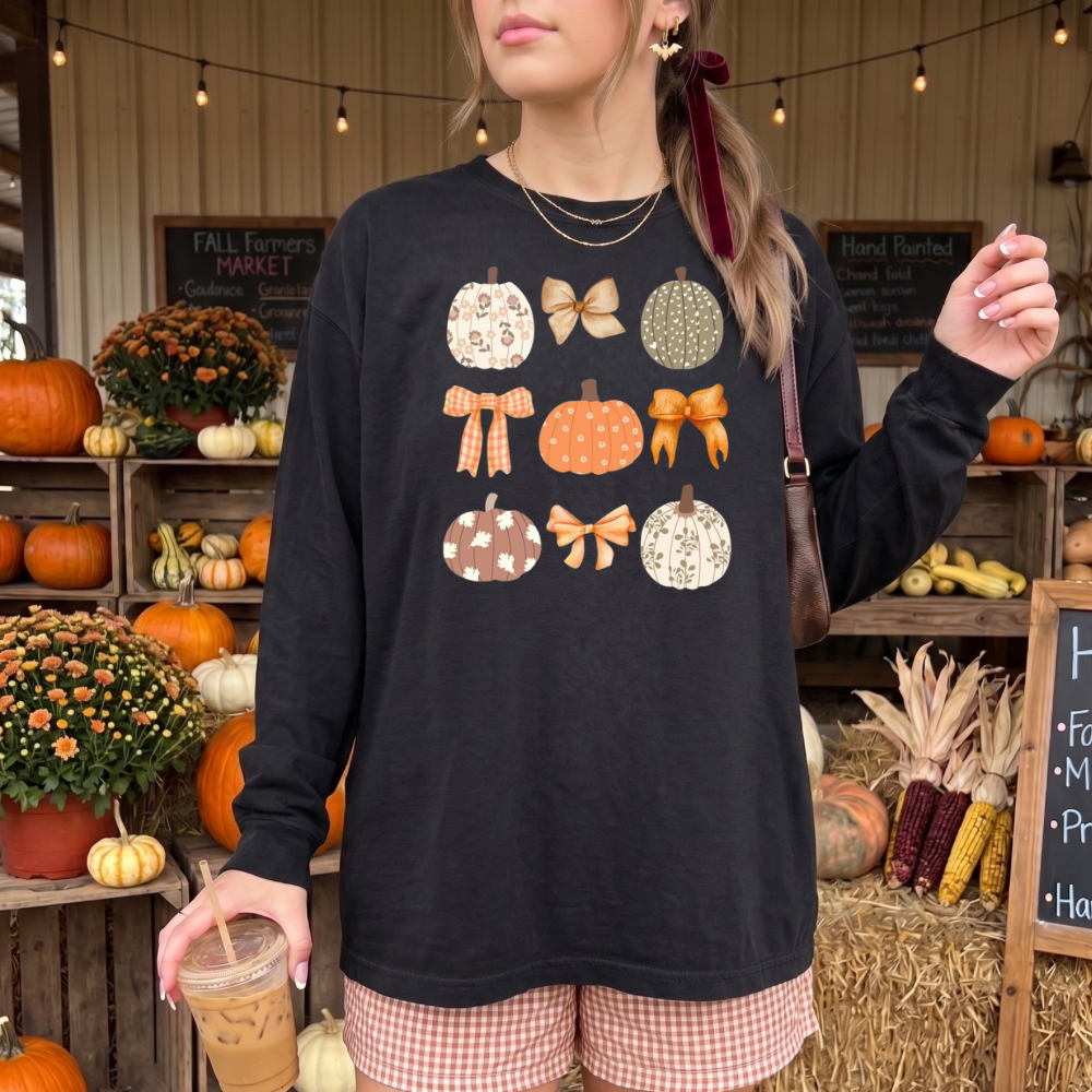 Comfort Colors Pumpkin & Bows Long or Short Sleeve | Cute Fall Shirt