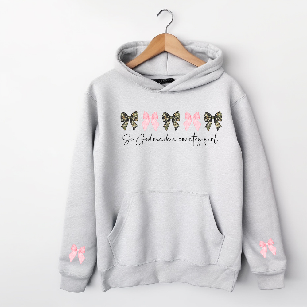 So God Made a Country Girl Hoodie | Camo Bow Sweatshirt | Pink Bow Country Hoodie | Girly Camo Sweatshirt
