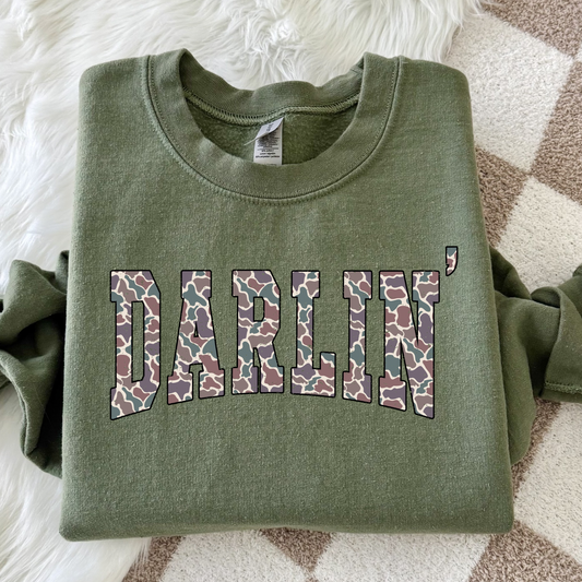 Darlin Camo Sweatshirt | Country Girl Crewneck | Camo Varsity Sweatshirt | Western Graphic Sweatshirt