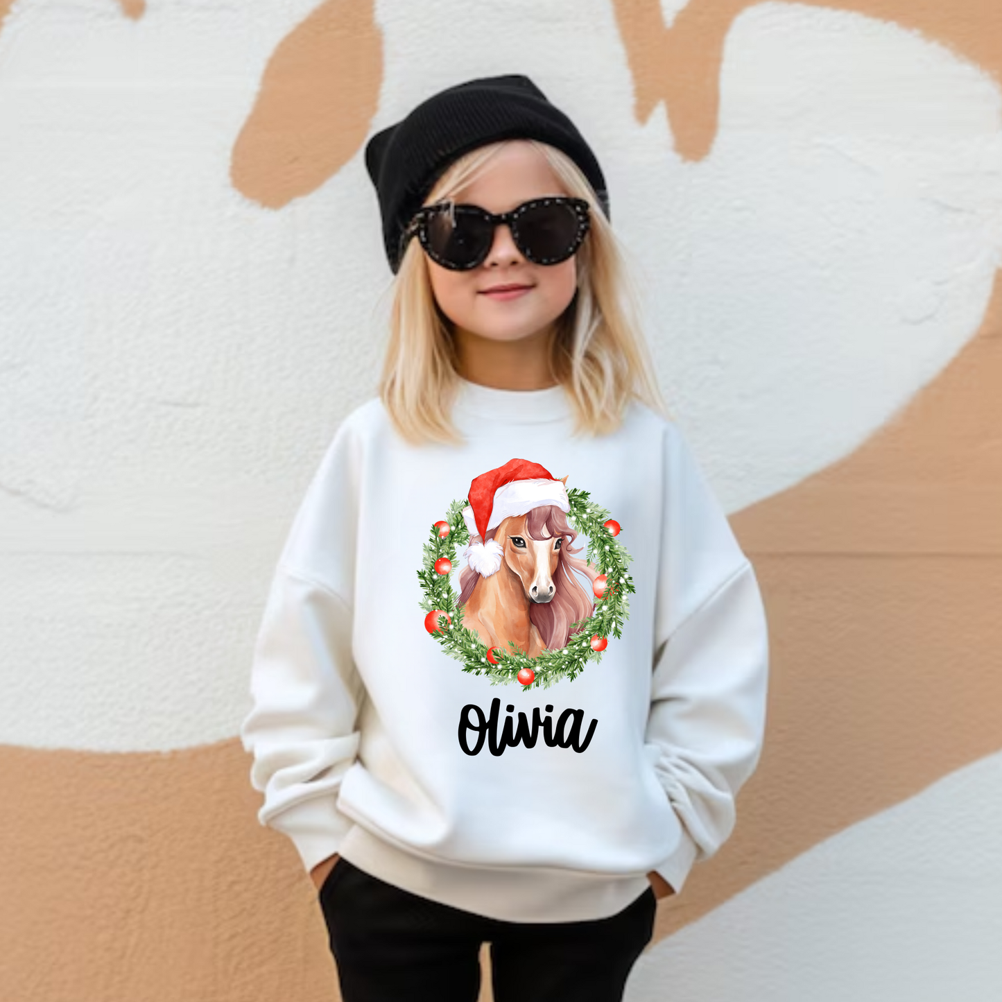 Custom Christmas Horse Shirt or Sweatshirt | Personalized Horse Girl Gift | Equestrian Holiday Crewneck | Gildan 18000 & Bella Canvas