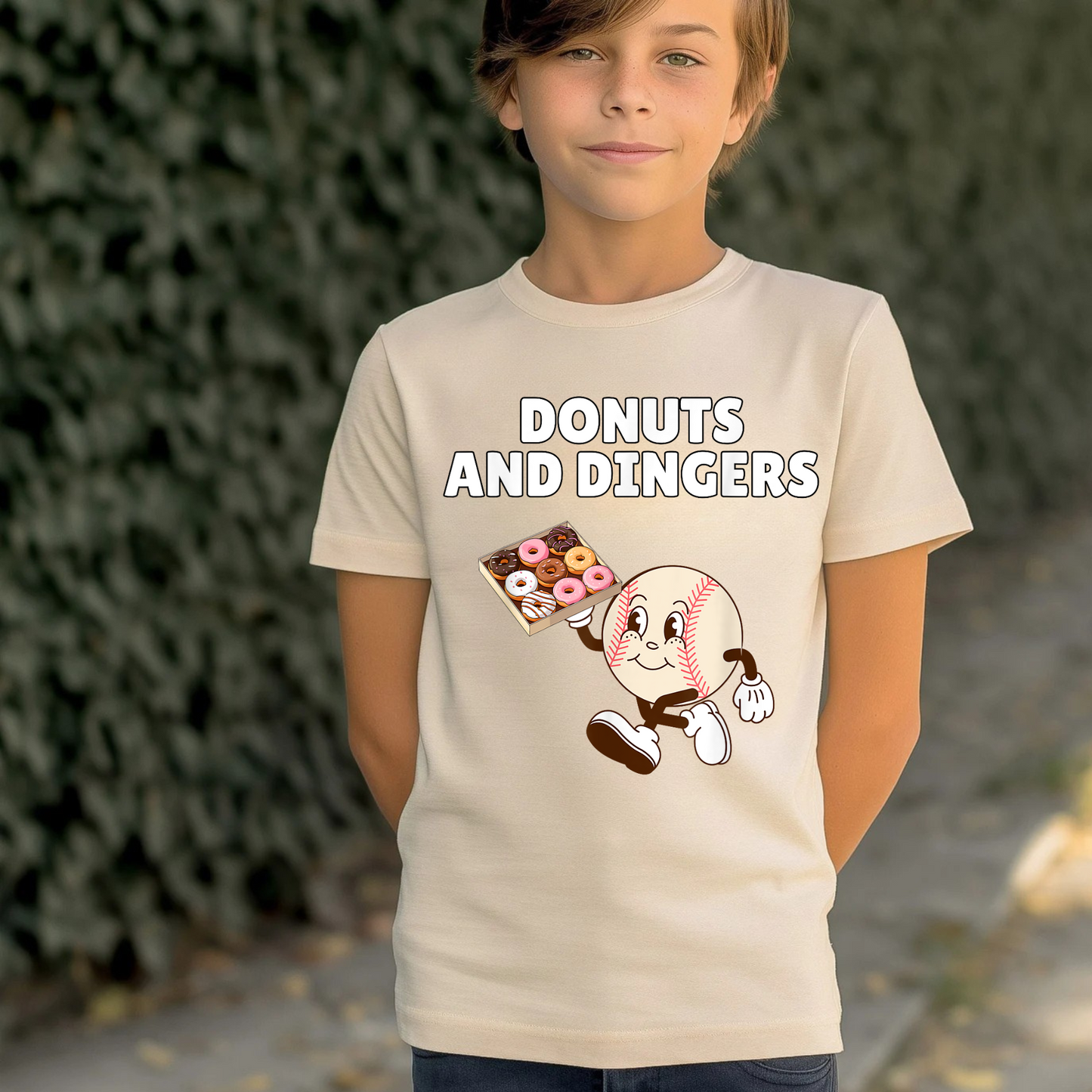 Donuts and Dingers Drip Baseball Shirt for Kids