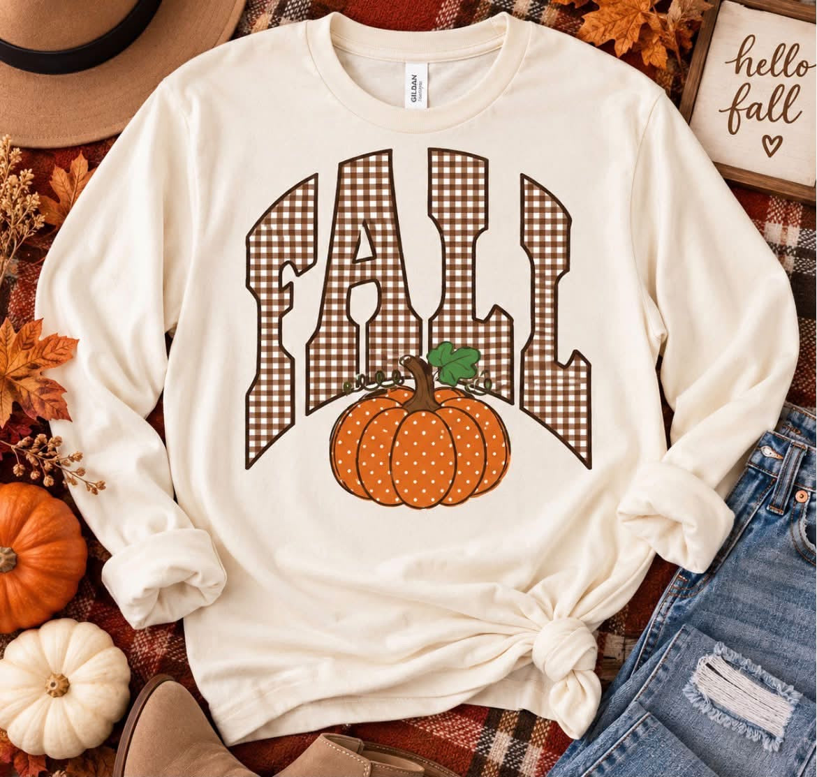 Comfort Colors Fall Gingham Pumpkin Long or Short Sleeve | Cute Fall Shirt