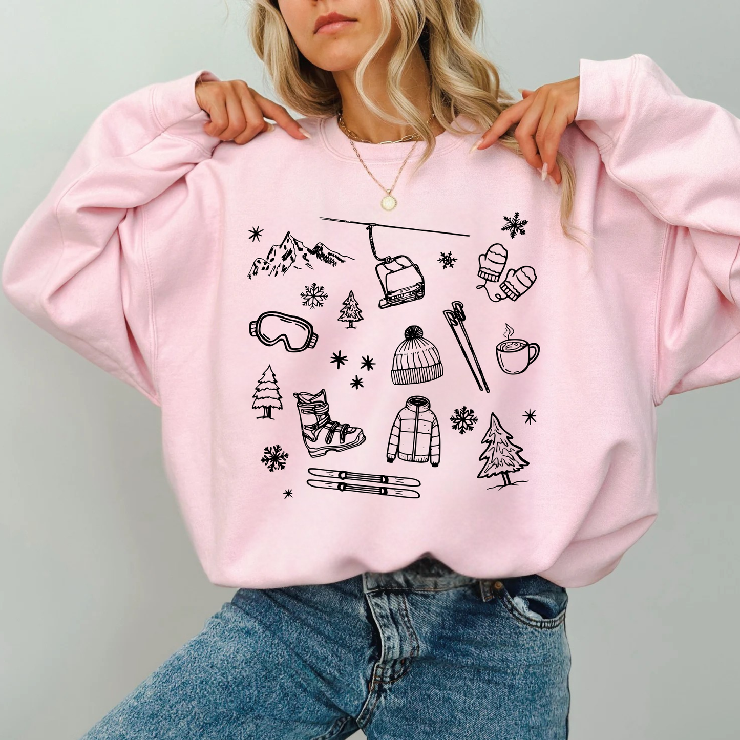 Skiing Doodle Style Crewneck Sweatshirt | Cozy Winter Ski Sweatshirt for Women | Après Ski Outfit | Ski Lover Gift
