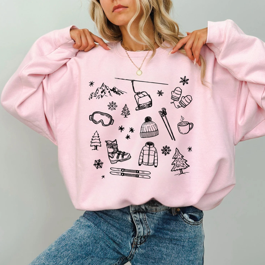 Skiing Doodle Style Crewneck Sweatshirt | Cozy Winter Ski Sweatshirt for Women | Après Ski Outfit | Ski Lover Gift