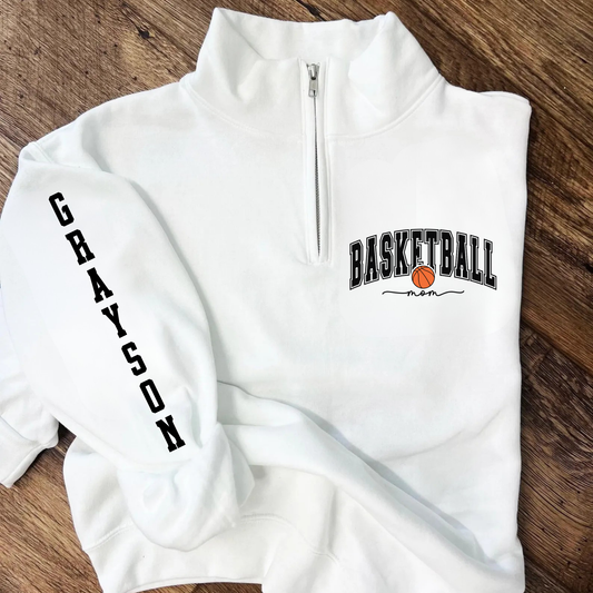 Custom Basketball Mom Quarter Zip Sweatshirt with Player Name on Sleeve – Cozy Game Day Pullover Gift for Sports Moms