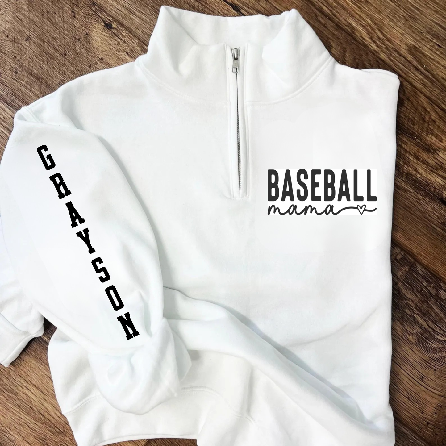 Custom Baseball Mama Quarter Zip Sweatshirt with Player Name on Sleeve – Cozy Game Day Pullover Gift for Sports Moms