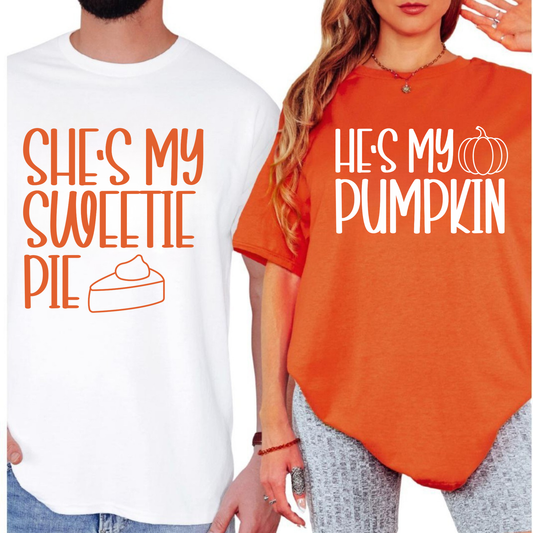 Couples Thanksgiving Shirts | He’s My Pumpkin & She’s My Sweetie Pie Fall Matching Tees | Cute Holiday Outfits for Couples