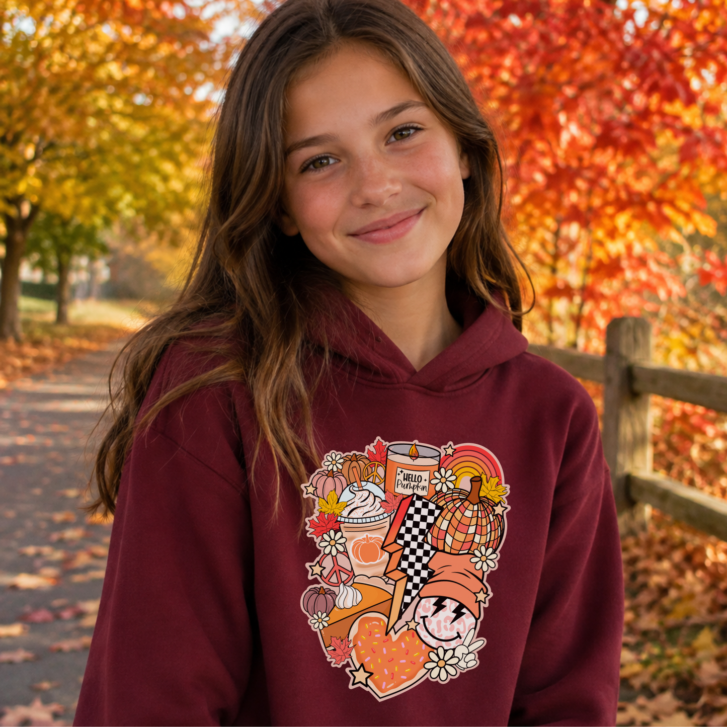 Girls Fall Hoodie – Cute Pumpkin Spice Graphic Sweatshirt for Kids & Tweens