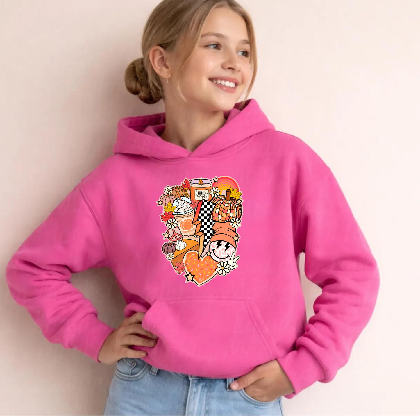 Girls Fall Hoodie – Cute Pumpkin Spice Graphic Sweatshirt for Kids & Tweens