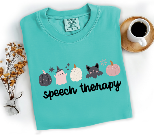 Teal Halloween SLP shirt with pumpkin design for speech therapist.