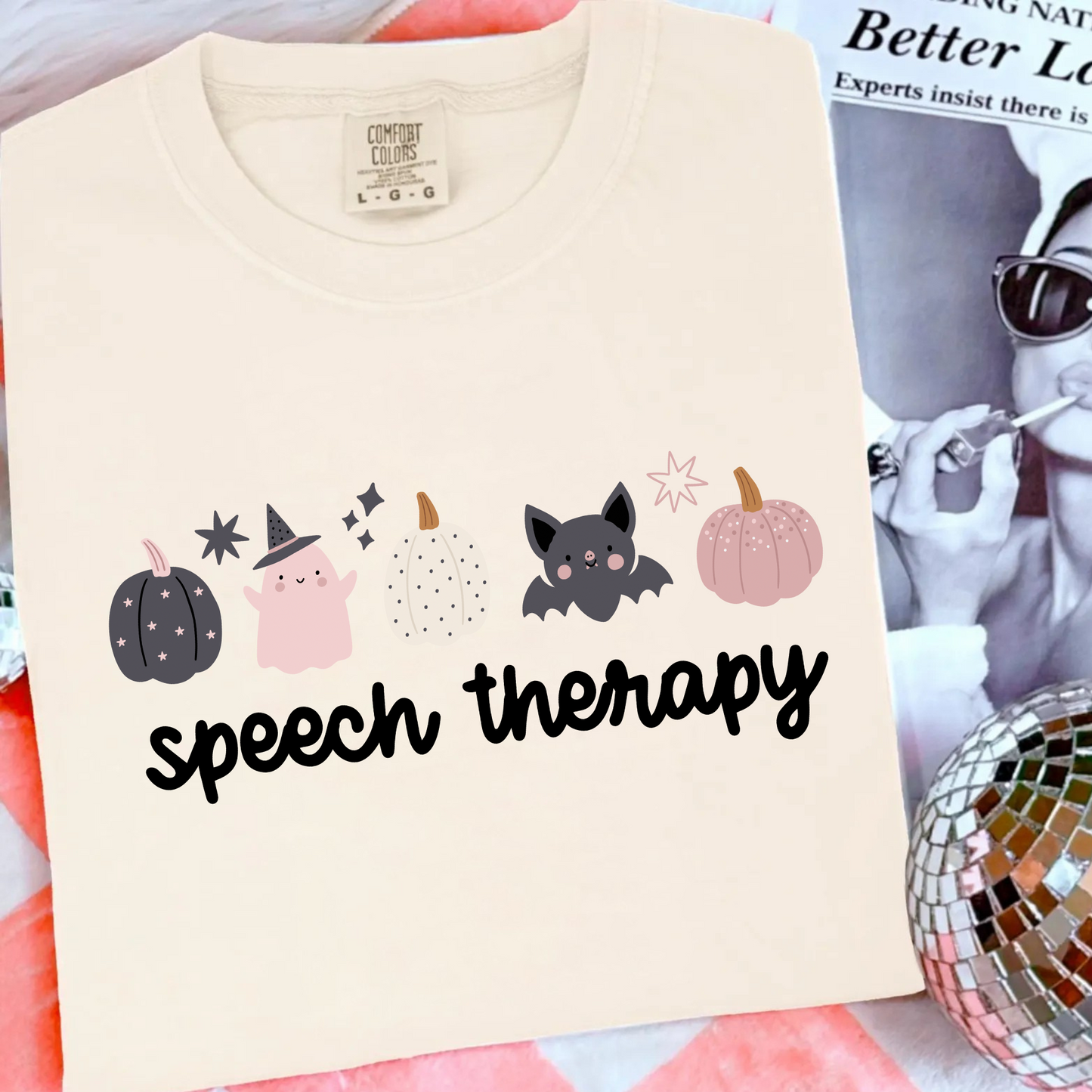 Ivory Halloween SLP shirt with pumpkin design for speech therapist.