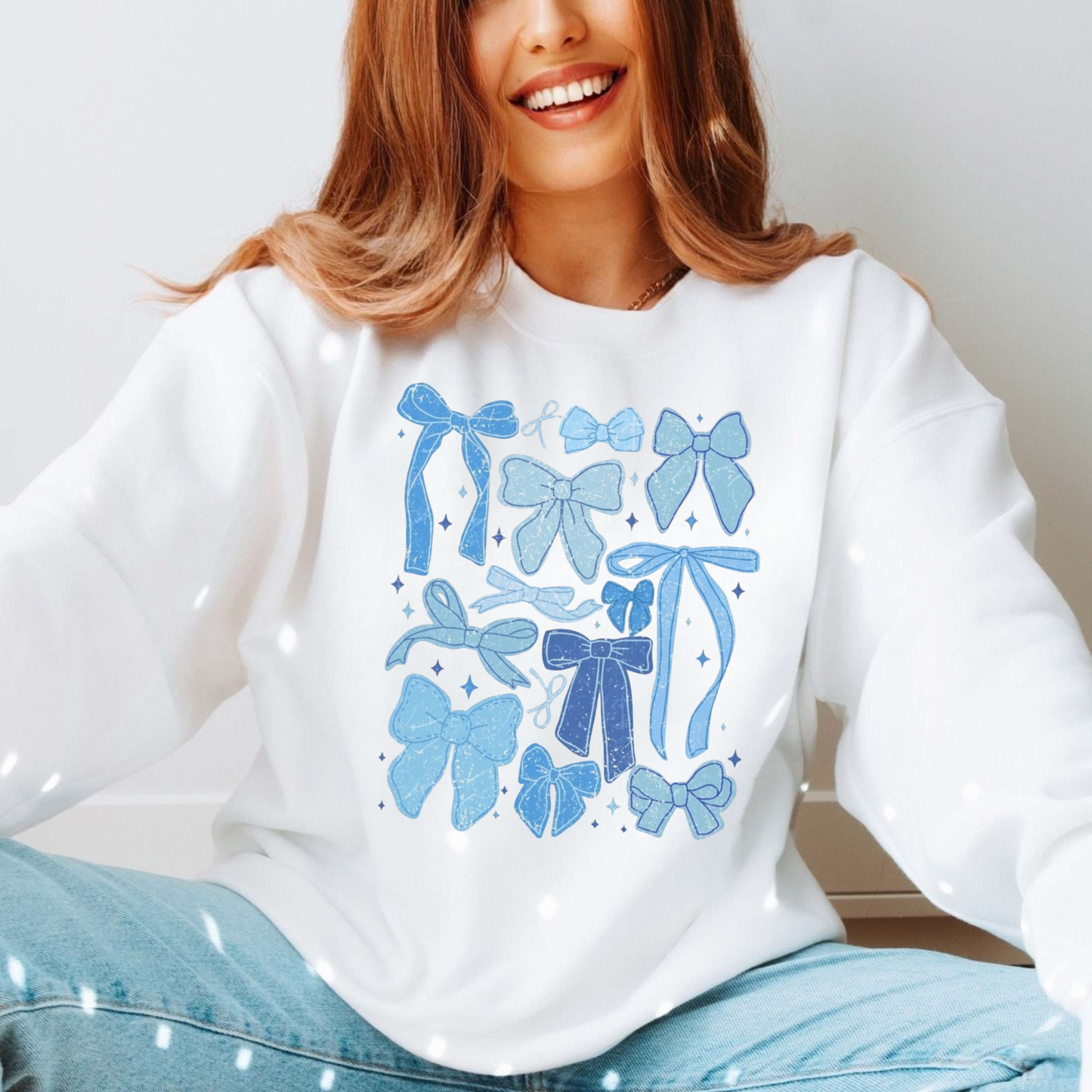 Blue Bow Winter Sweatshirt for Women | Girly Cozy Bow Crewneck | Cute Winter Outfit Gift