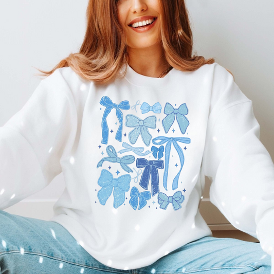 Blue Bow Winter Sweatshirt for Women | Girly Cozy Bow Crewneck | Cute Winter Outfit Gift