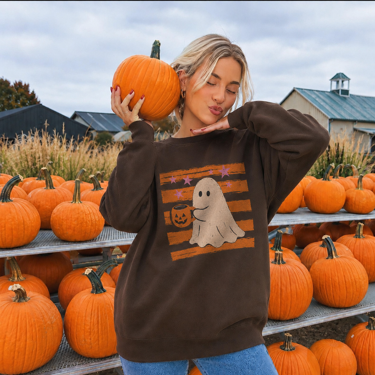 Preppy Skeleton Hands Halloween Sweatshirt | Striped Spooky Season Crewneck