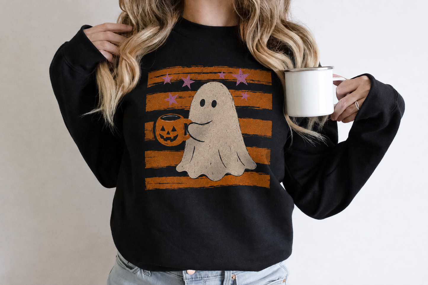 Preppy Skeleton Hands Halloween Sweatshirt | Striped Spooky Season Crewneck