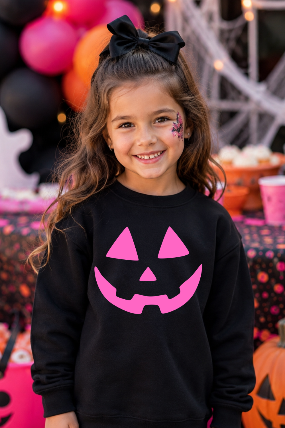 Girls Pink Jack O’ Lantern Halloween Sweatshirt | Toddler & Youth Pumpkin Face Crewneck