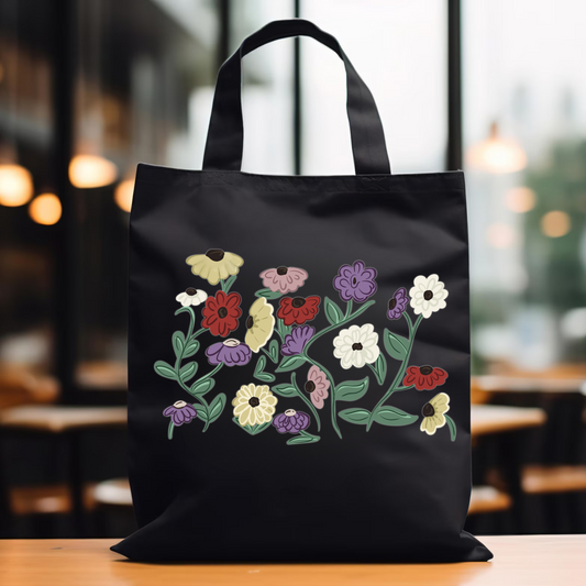 Piano Flowers Black Tote Bag