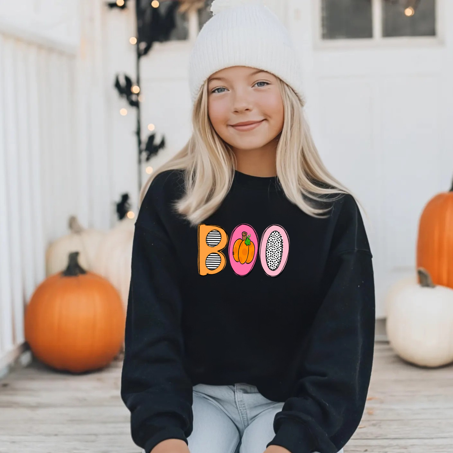 Girls Pink BOO Halloween Sweatshirt | Cute Pink & Orange Halloween Crewneck
