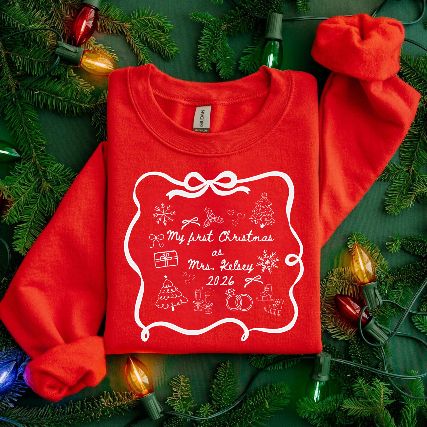 Personalized Christmas sweatshirt with bows – My First Christmas as Mrs. design