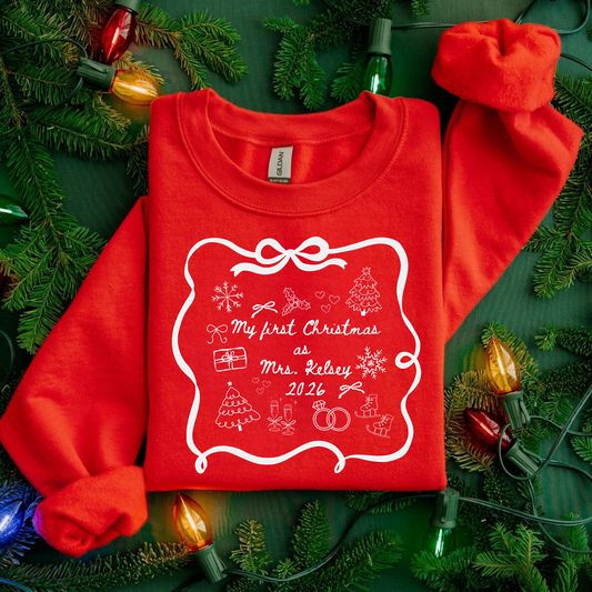 Personalized Christmas sweatshirt with bows – My First Christmas as Mrs. design