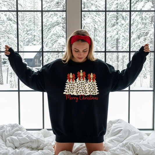 Leopard Print Christmas Tree Sweatshirt | Cozy Holiday Crewneck for Women | Gildan 18000