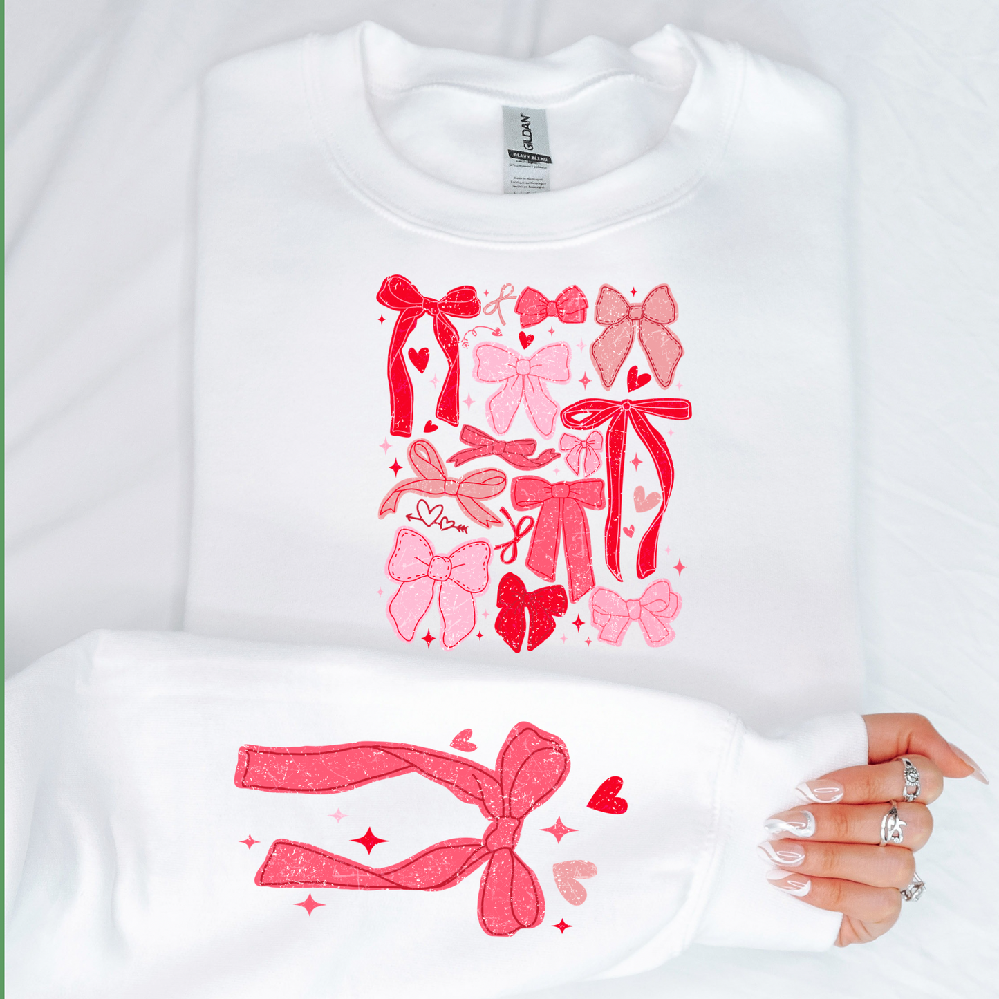 Valentine Bow Sweatshirt for Women with Sleeve Accent | Cozy Pink Heart Crewneck | Valentine’s Day Gift for Her