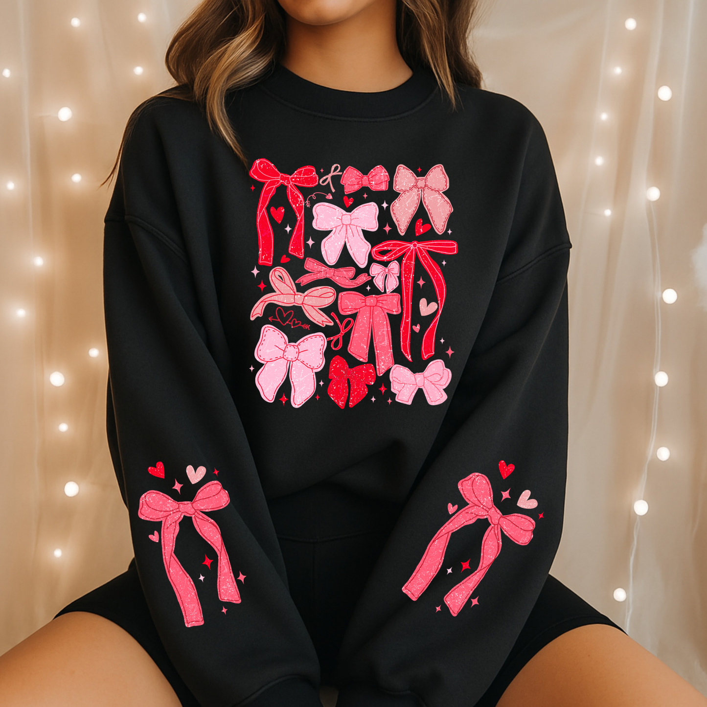 Valentine Bow Sweatshirt for Women with Sleeve Accent | Cozy Pink Heart Crewneck | Valentine’s Day Gift for Her