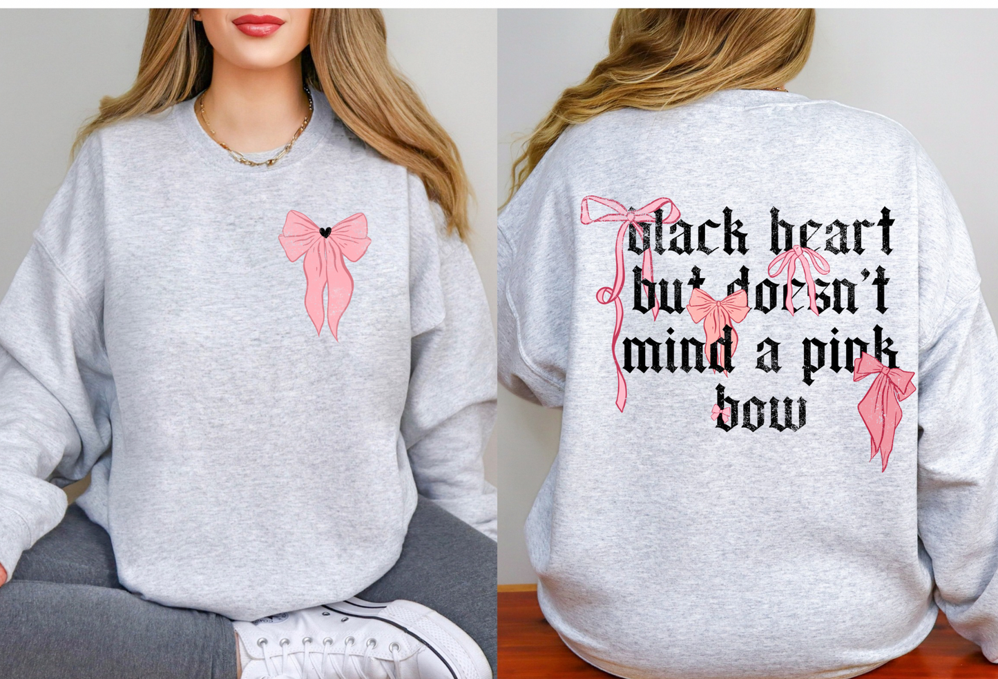 Funny Graphic Sweatshirt for Women | Black Heart But Doesn’t Mind a Pink Bow Crewneck | Girly Sarcastic Sweatshirt Gift for Her