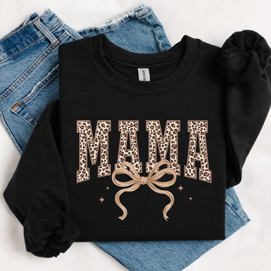 Leopard Print Mama Sweatshirt with Bow | Cute Mom Crewneck | Trendy Graphic Sweatshirt Gift for Mama