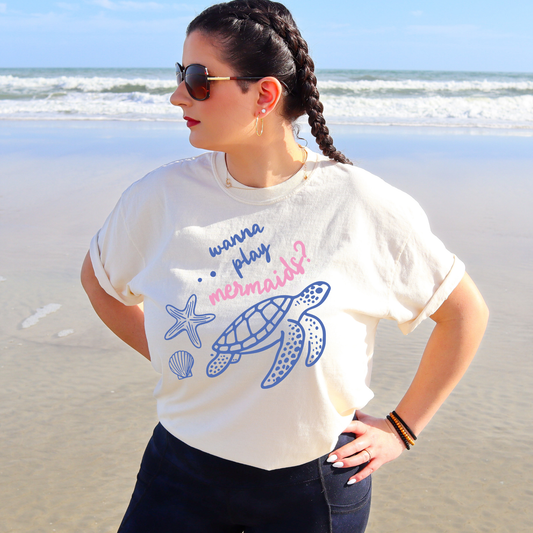 Wanna Play Mermaids Comfort Colors Shirt, Cute Beach Vacation Tee, Summer Pool Party Outfit for Women, Ocean Lover Gift