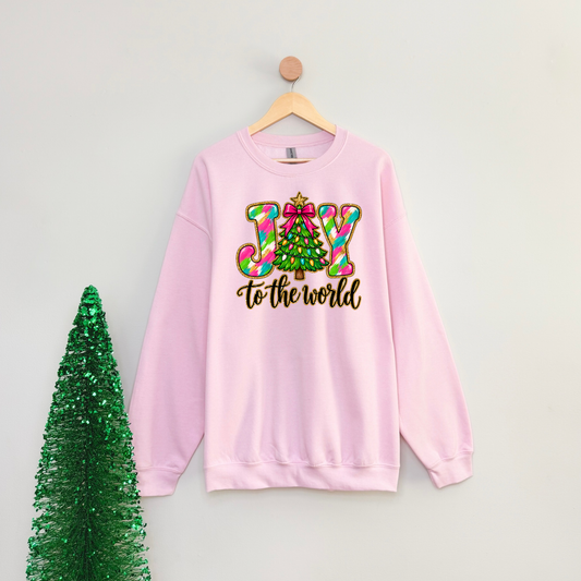 Pink Joy to the World Christmas Sweatshirt | Women’s Preppy Christmas Tree Crewneck