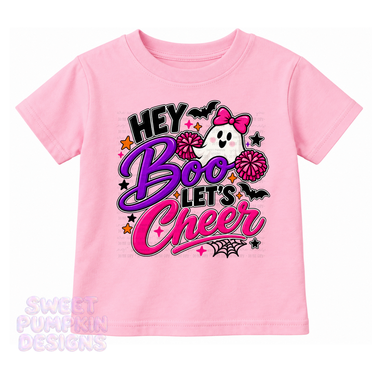 Hey Boo Let’s Cheer Halloween Shirt | Girls Pink Cheerleader Ghost Tee