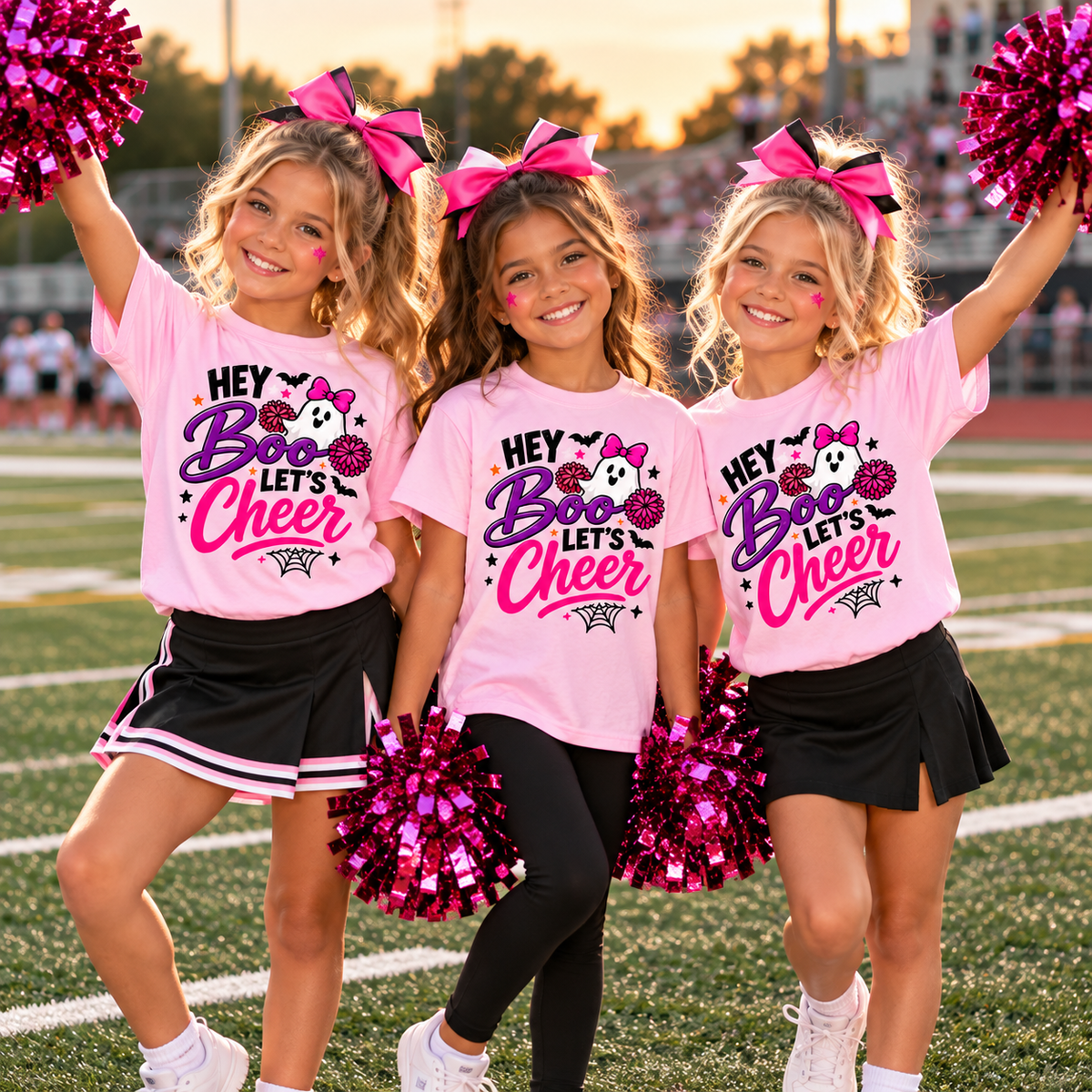 Hey Boo Let’s Cheer Halloween Shirt | Girls Pink Cheerleader Ghost Tee