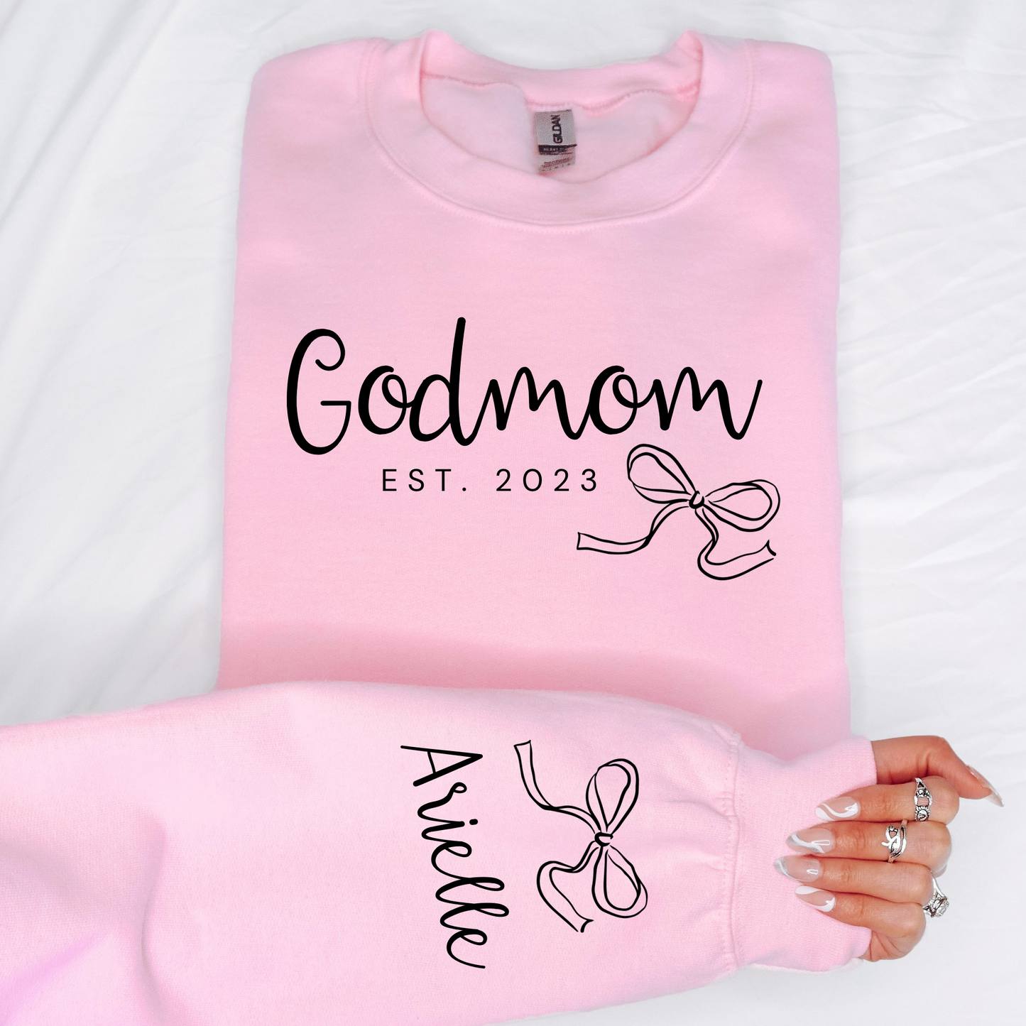 Custom Godmom Crewneck Sweatshirt with Name on Sleeve | Personalized Bow Godmother Sweatshirt | Gildan 18000