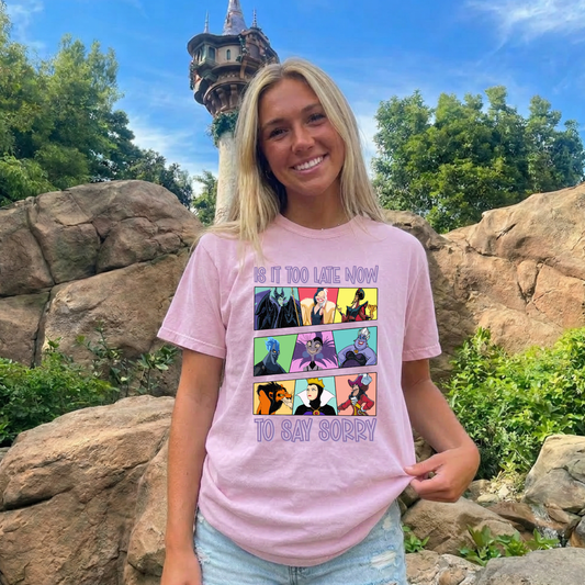 VILLAIN TOO LATE NOW TO SAY SORRY TANK OR TEE - COMFORT COLORS - MAGICAL PARK DAY VACATION TOP