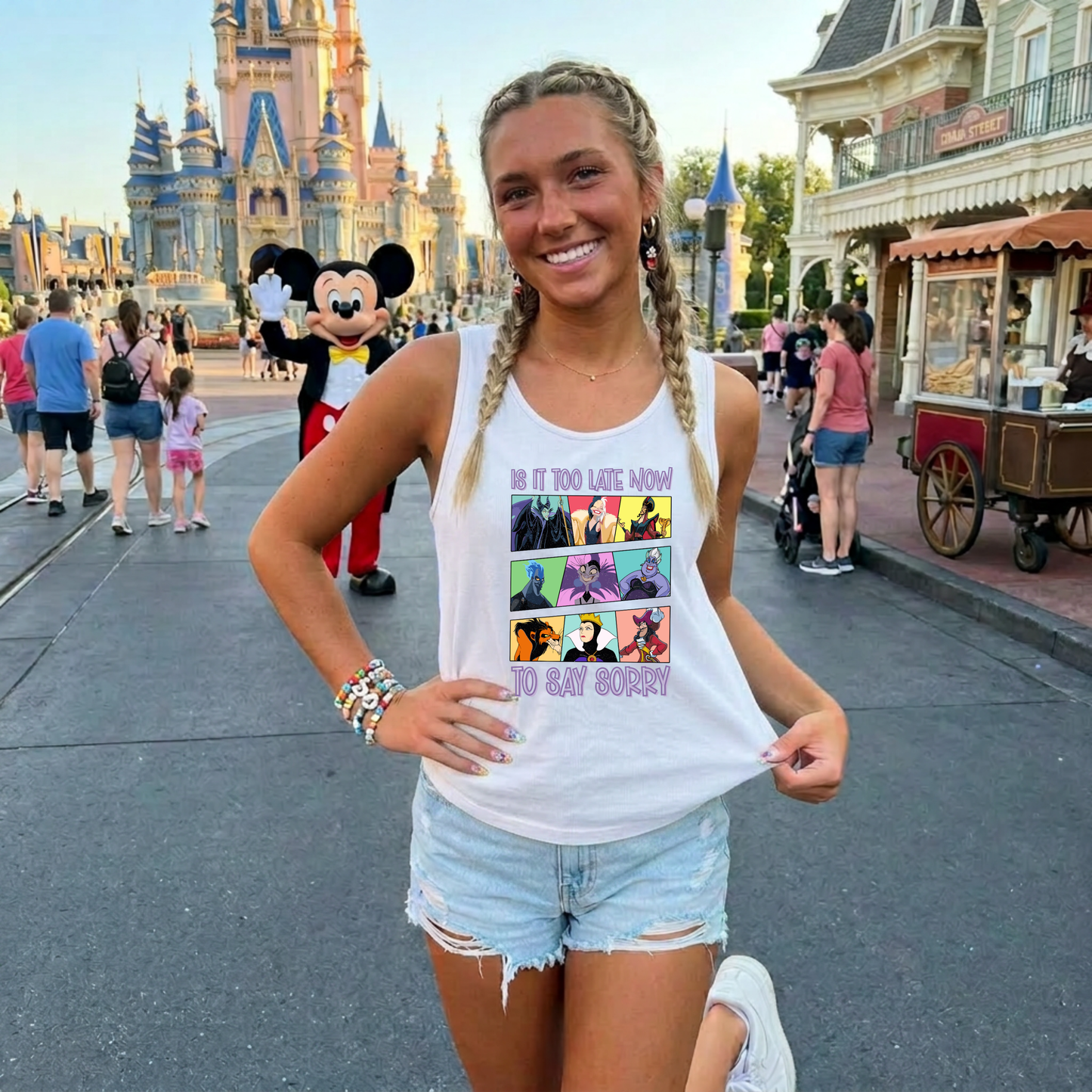 VILLAIN TOO LATE NOW TO SAY SORRY TANK OR TEE - COMFORT COLORS - MAGICAL PARK DAY VACATION TOP