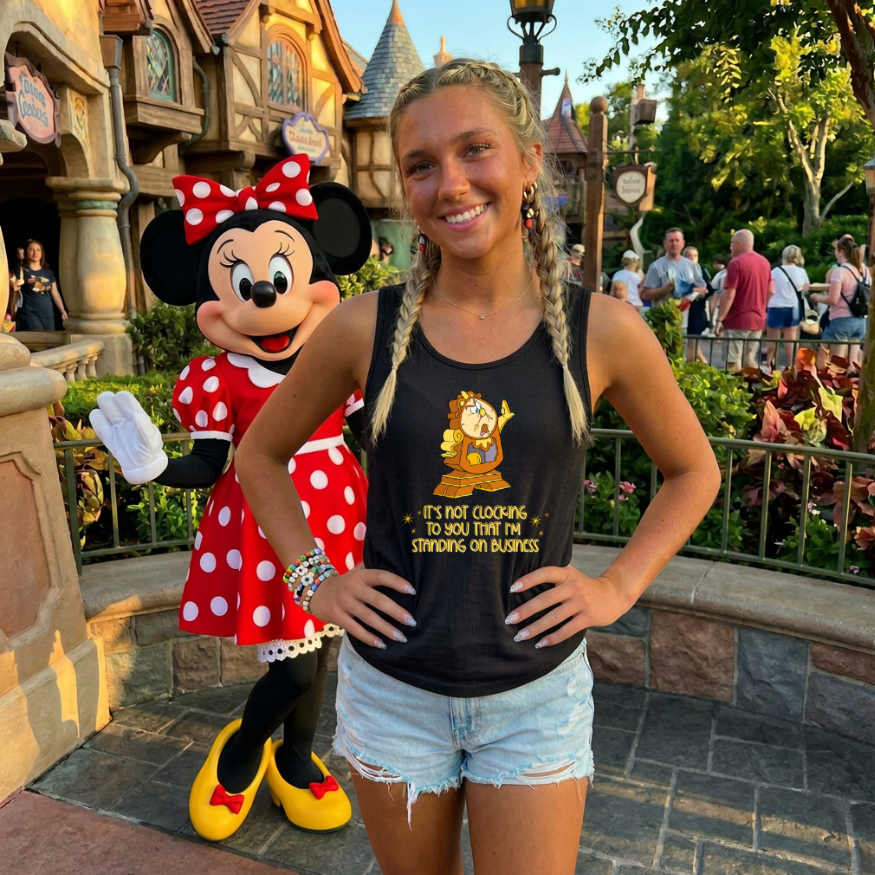 STANDING ON BUSINESS CLOCK TANK OR TEE - COMFORT COLORS - MAGICAL PARK DAY VACATION TOP