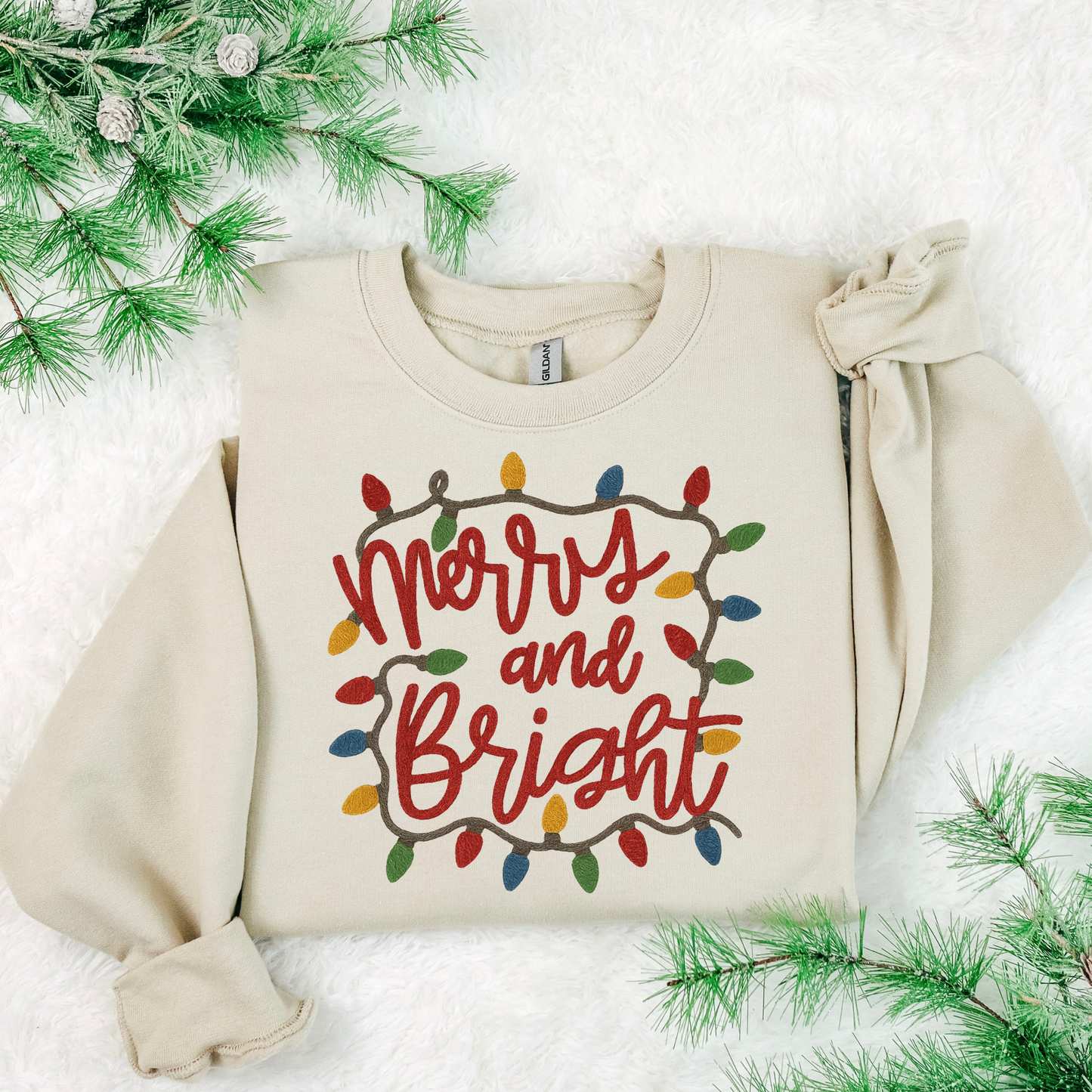 Merry & Bright Faux Yarn Christmas Sweatshirt | Chenille Patch Look Crewneck | Gildan 18000 Holiday Sweatshirt