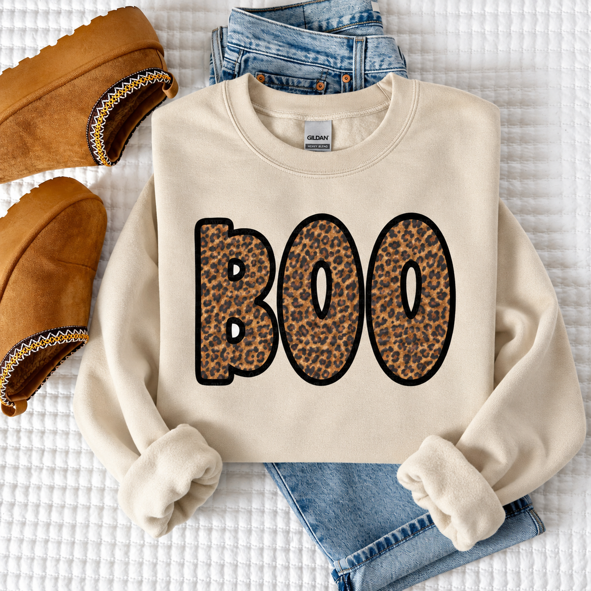 Leopard Print Boo Halloween Sweatshirt | Trendy Halloween Crewneck for Women