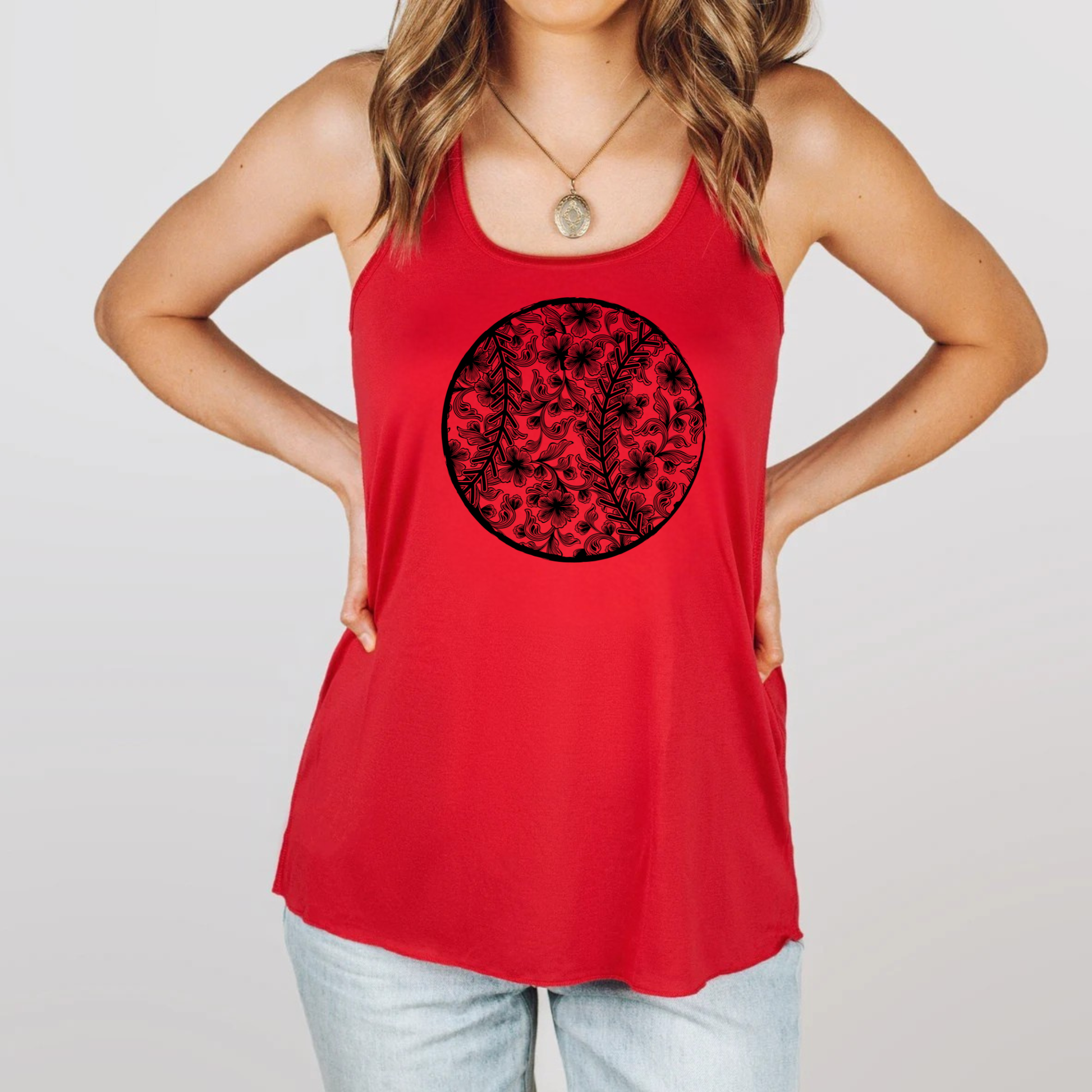 cute baseball racerback tank top for women shown on Next Level fitted tank, lightweight summer game day outfit for sports moms at the ball field