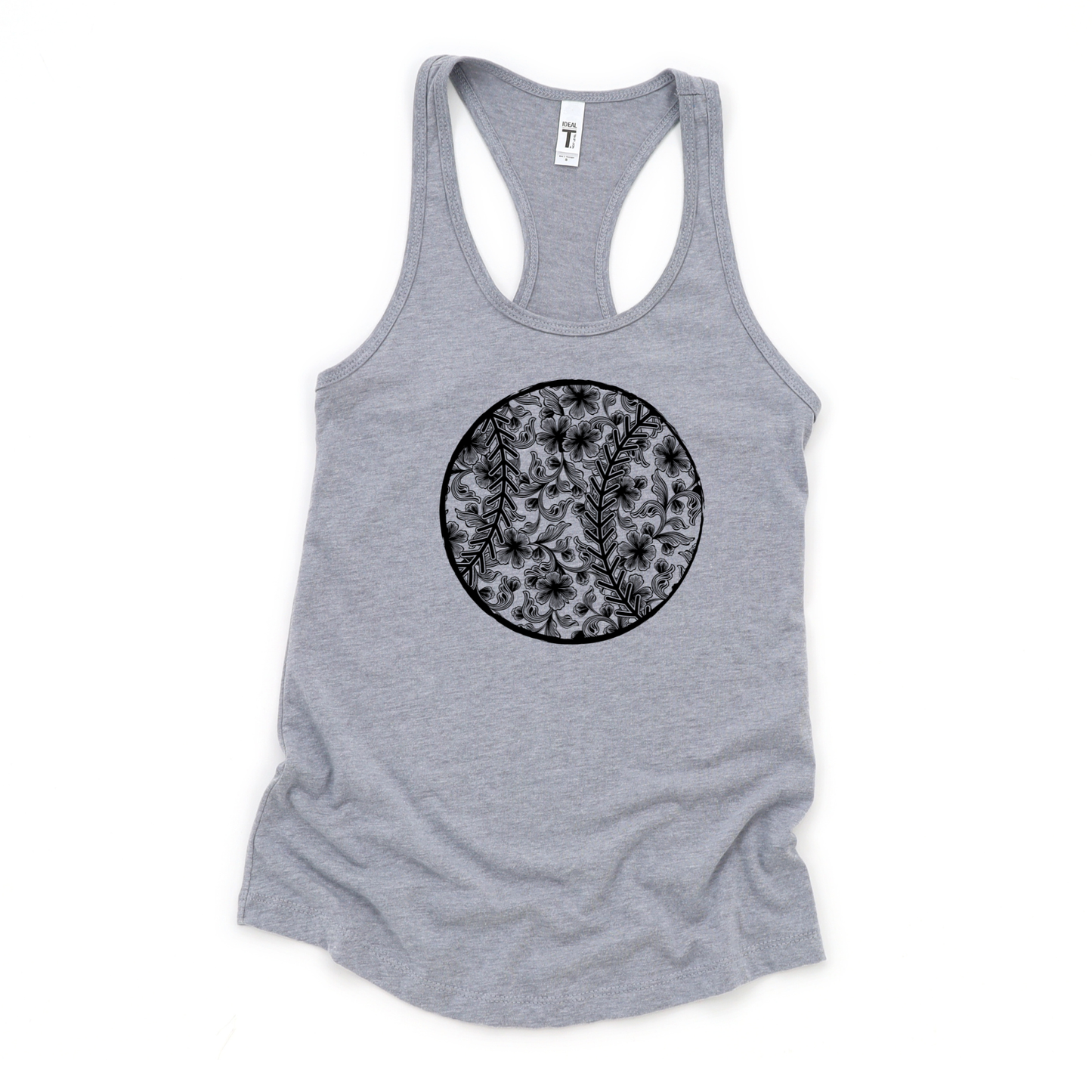cute baseball racerback tank top for women shown on Next Level fitted tank, lightweight summer game day outfit for sports moms at the ball field