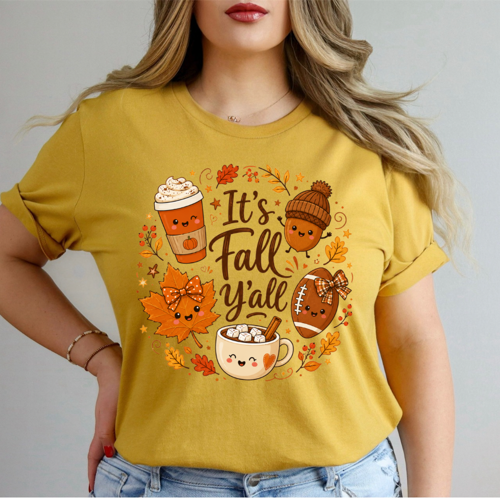 Cute Fall Shirt for Women – It’s Fall Y’all Pumpkin Spice & Football Graphic Tee | Bella Canvas