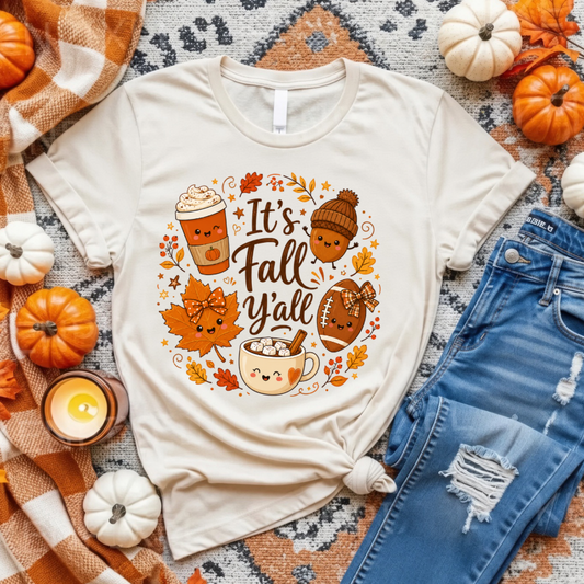 Cute Fall Shirt for Women – It’s Fall Y’all Pumpkin Spice & Football Graphic Tee | Bella Canvas