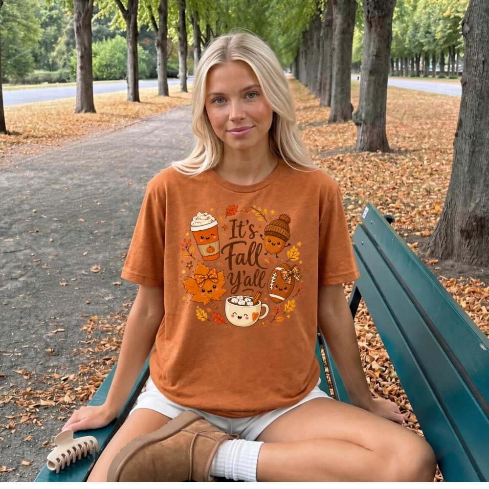 Cute Fall Shirt for Women – It’s Fall Y’all Pumpkin Spice & Football Graphic Tee | Bella Canvas