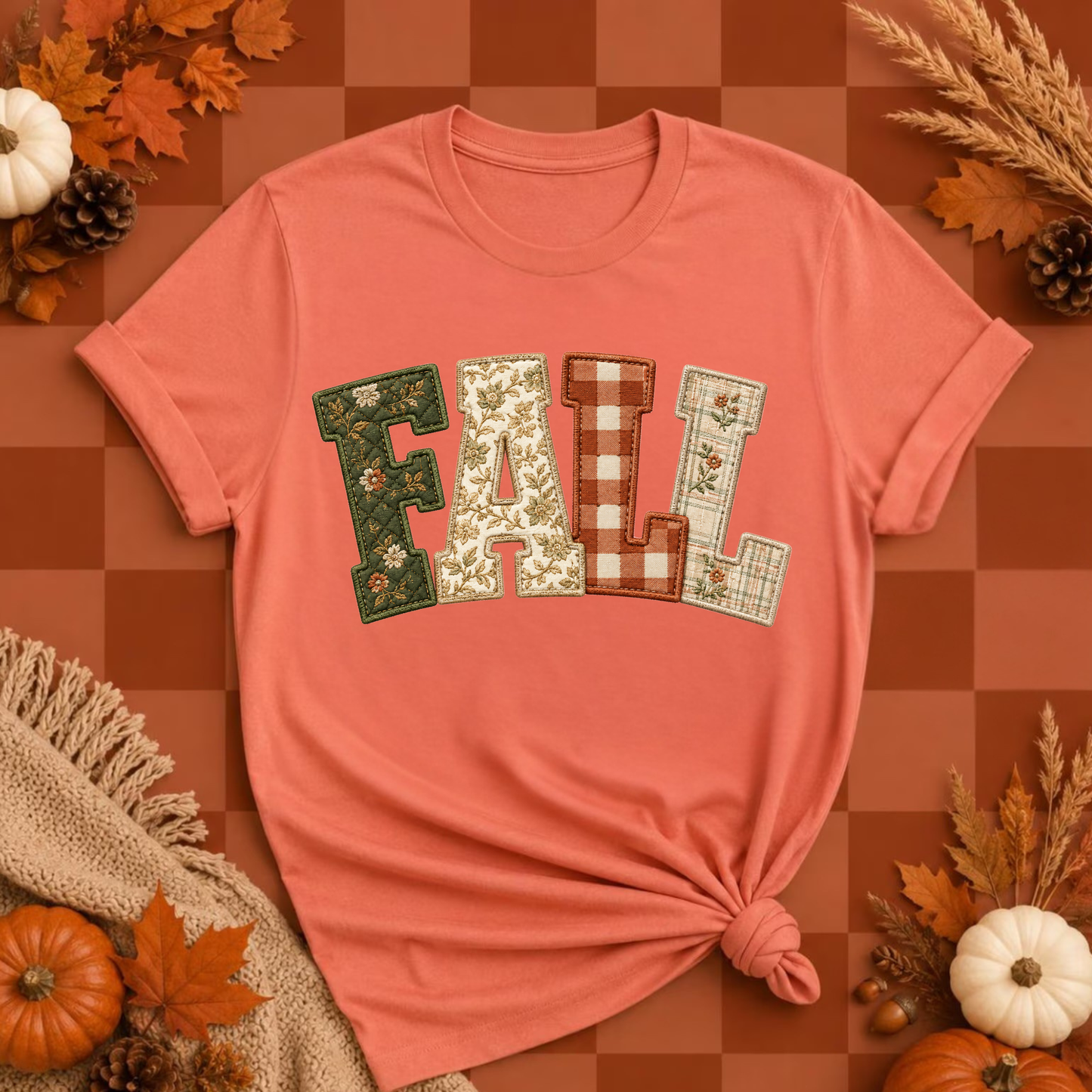Fall Patchwork Shirt for Women – Floral Plaid Autumn Graphic Tee | Bella Canvas