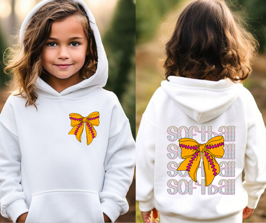 Girls Softball Bow Hoodie | Youth Softball Sweatshirt | Game Day Hoodie for Softball Girls | Softball Gift