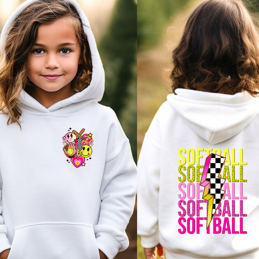 Girls Retro Neon Softball Hoodie | Youth Softball Sweatshirt | Neon Game Day Hoodie | Softball Girl Gift