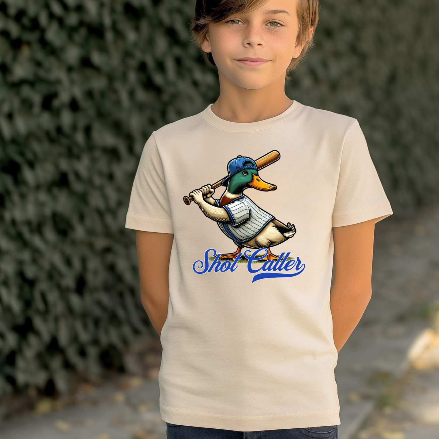 Shot Caller Mallard Duck Baseball Shirt for Kids