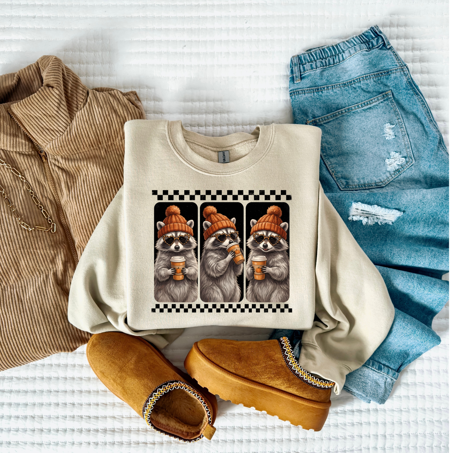 Fall Raccoon Pumpkin Spice Coffee Sweatshirt for Women | Cute Cozy Autumn Crewneck